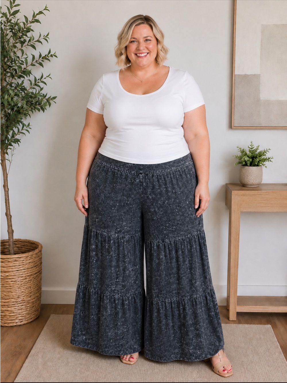 Love 83 Charcoal‎ Wash Wide-Leg Tiered Pants. Size 1X.